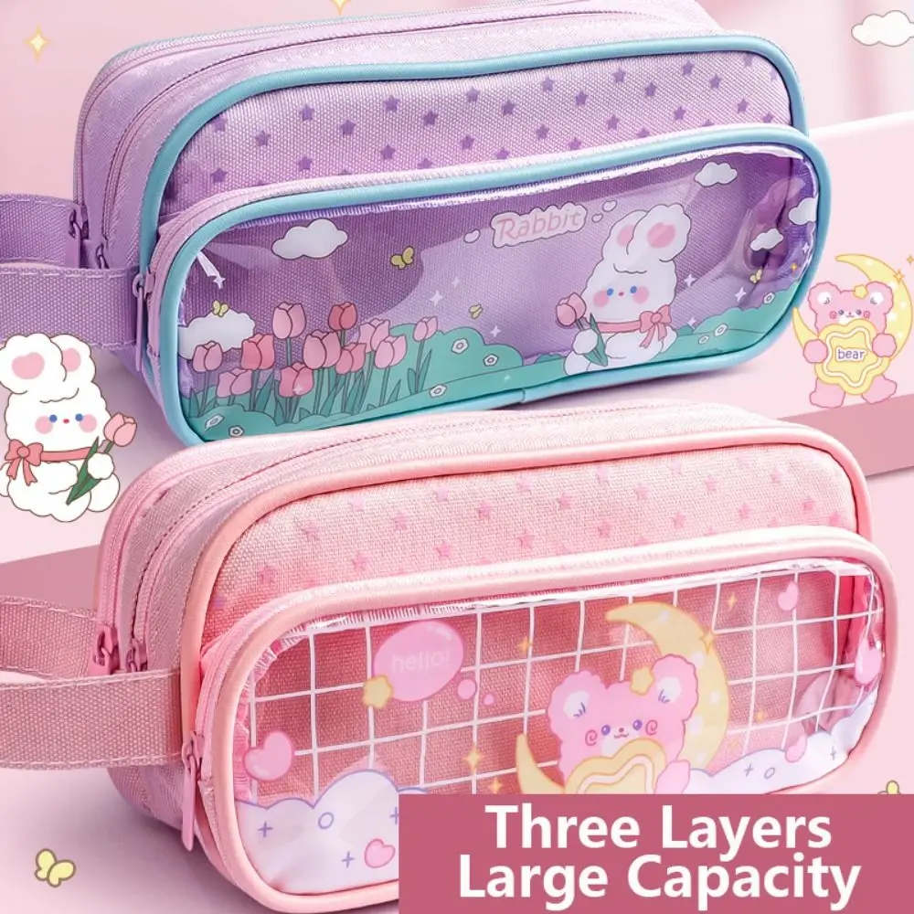 Bag Stationery Aesthetic Transparent Grid Pen Case Girl Zipper Pencil Pouch School Supplies