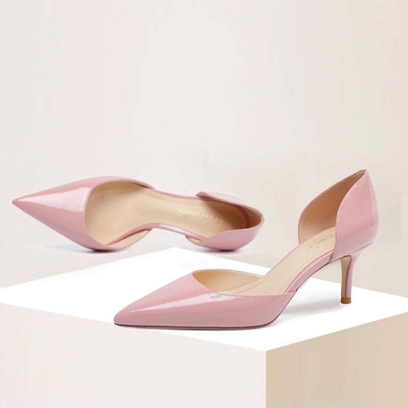 Young Lady Pink High Heels Women New Patent Leather Light Color Pointed Toe Slip-on Pumps Medium Stiletto Easy Paired Shoes