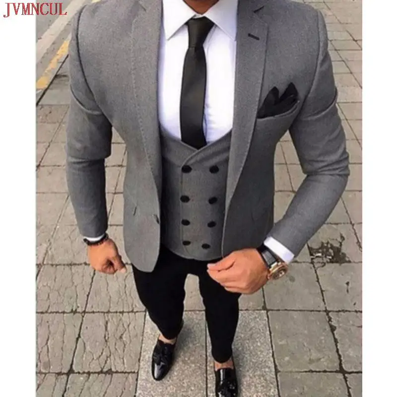 

New Latest Coat Pant Designs Smoking Grey Men Suit Slim Fit 3 Piece Tuxedo Groom Style Suits Custom Prom Blazer Terno Masculino
