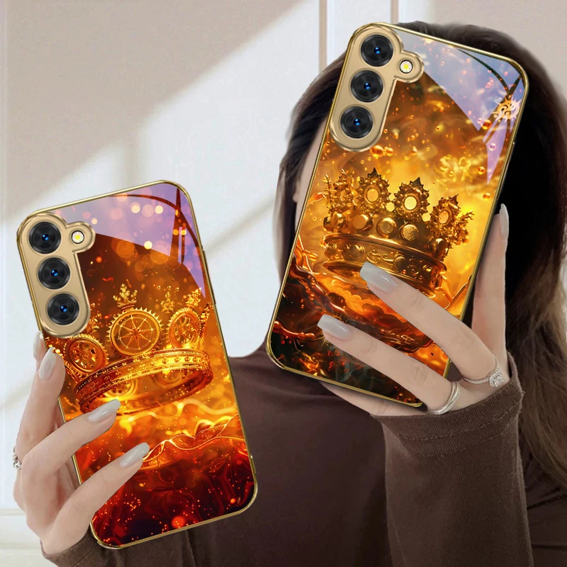 Фото Ослепительно яркий чехол-корона для Samsung Galaxy S26 S20 FE 21 22 Ultra 23 Plus 24 Ultra 25Ultra S21+ 22Plus, золотой стеклянный чехол для телефона №4