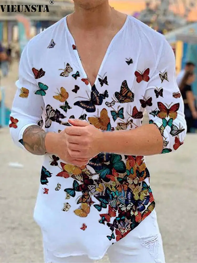 

Fashion Butterflies Printing Men Tee Shirts Spring Vintage V Neck Irregular Tops Shirt Autumn Long Sleeve Daily T-Shirt Harajuku