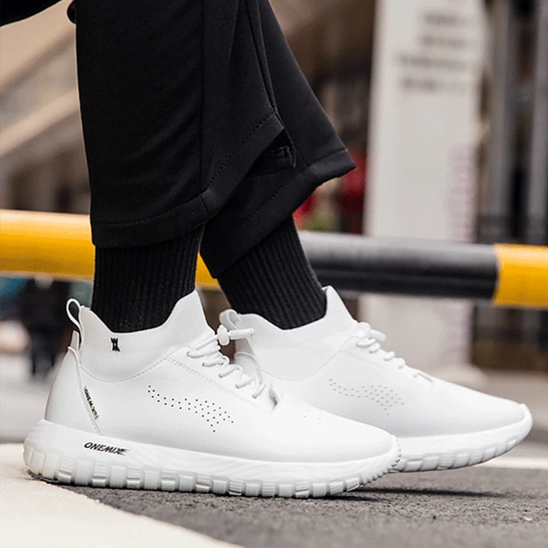 ONEMIX Men Fashion Running Shoes Sneakers Leather Luxury Brand Micro Fabric Light Sport Shoes Walking Indoor Flat Sock Shoes