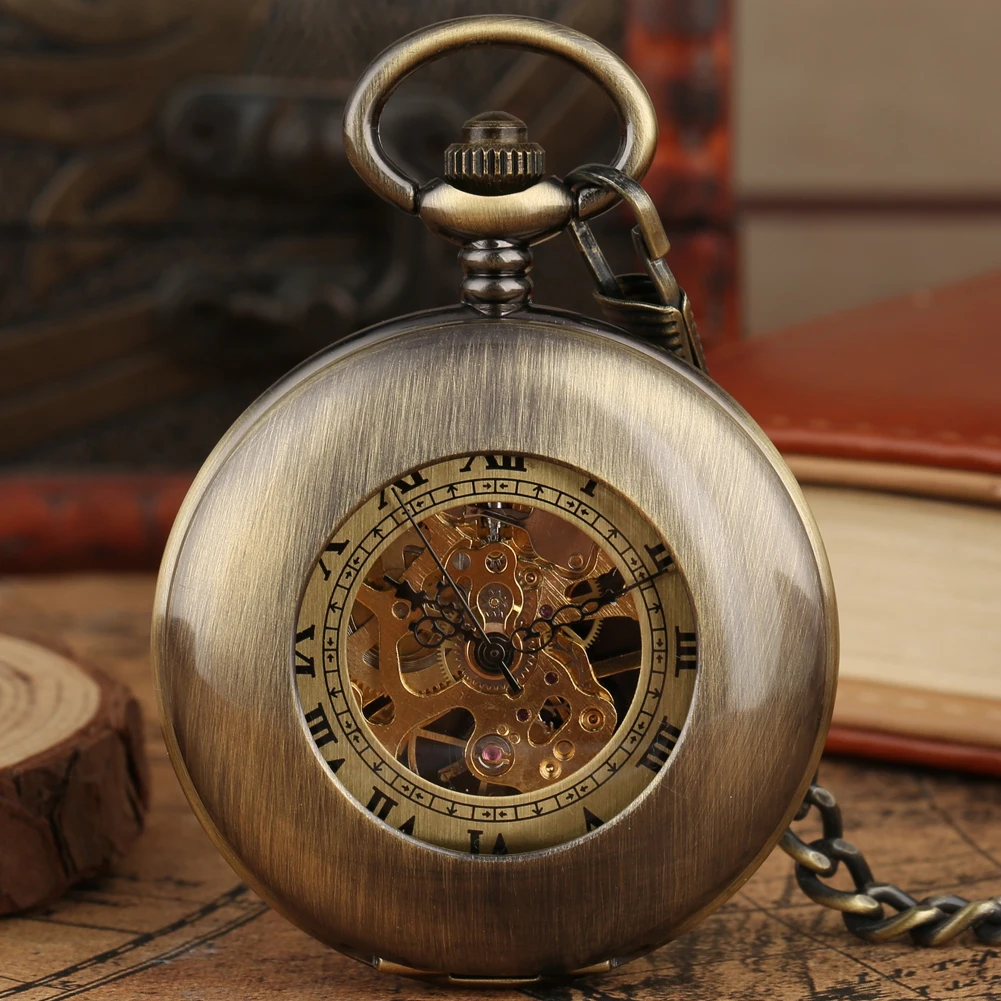 Circle Hollow Polished Smooth Bronze Mechanical Pocket Watch Hand Winding Vintage Roman Numerals Dial Man Clock  Pocket Chain