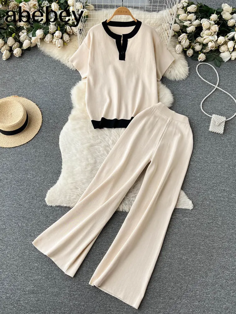 

2023 Summer Knitted Women's Trousers Suit Two Piece Set Blue Loose Short Sleeve Knitting Wide Leg Pants Sets Female Casual Suits