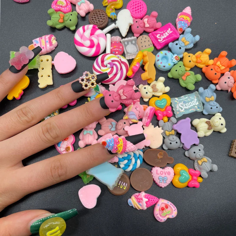

Wholesale Colorful Resin Acrylic Nail Art Charms 3D Kawaii Accessories Nail Decorations Cartoon Rhinestones Bear Candy Manicure
