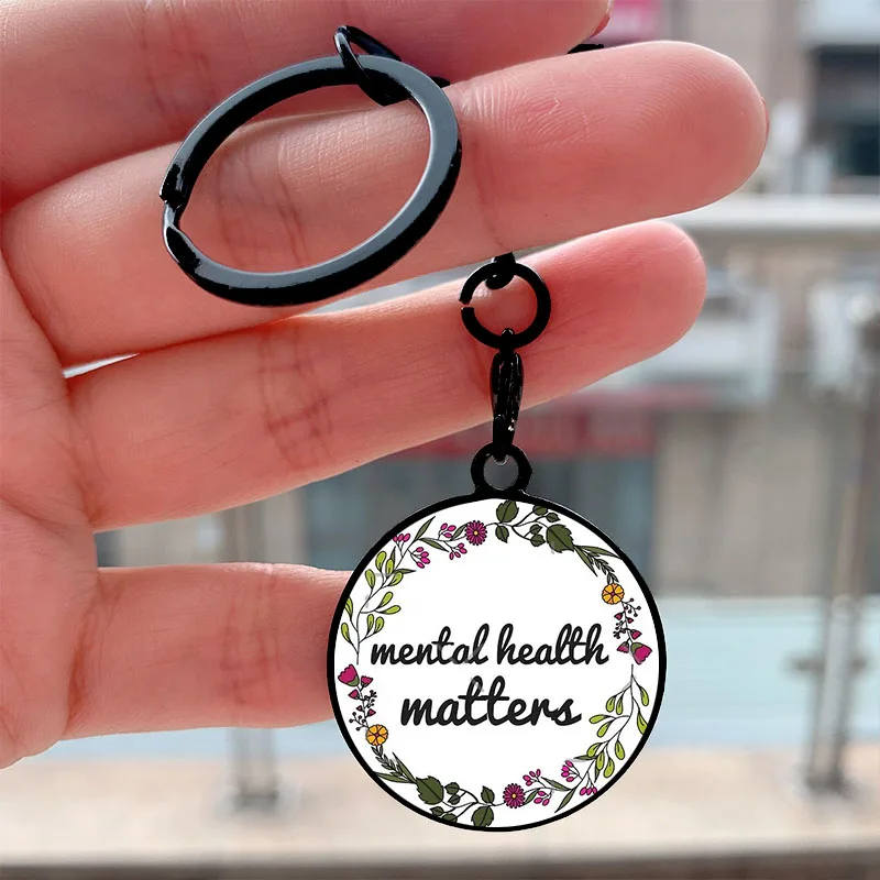 

Fashion Mental Health Matters Floral Cool Key Tag Motorcycles Cars Backpack Chaveiro Keychain For Friends Key Ring Accessories