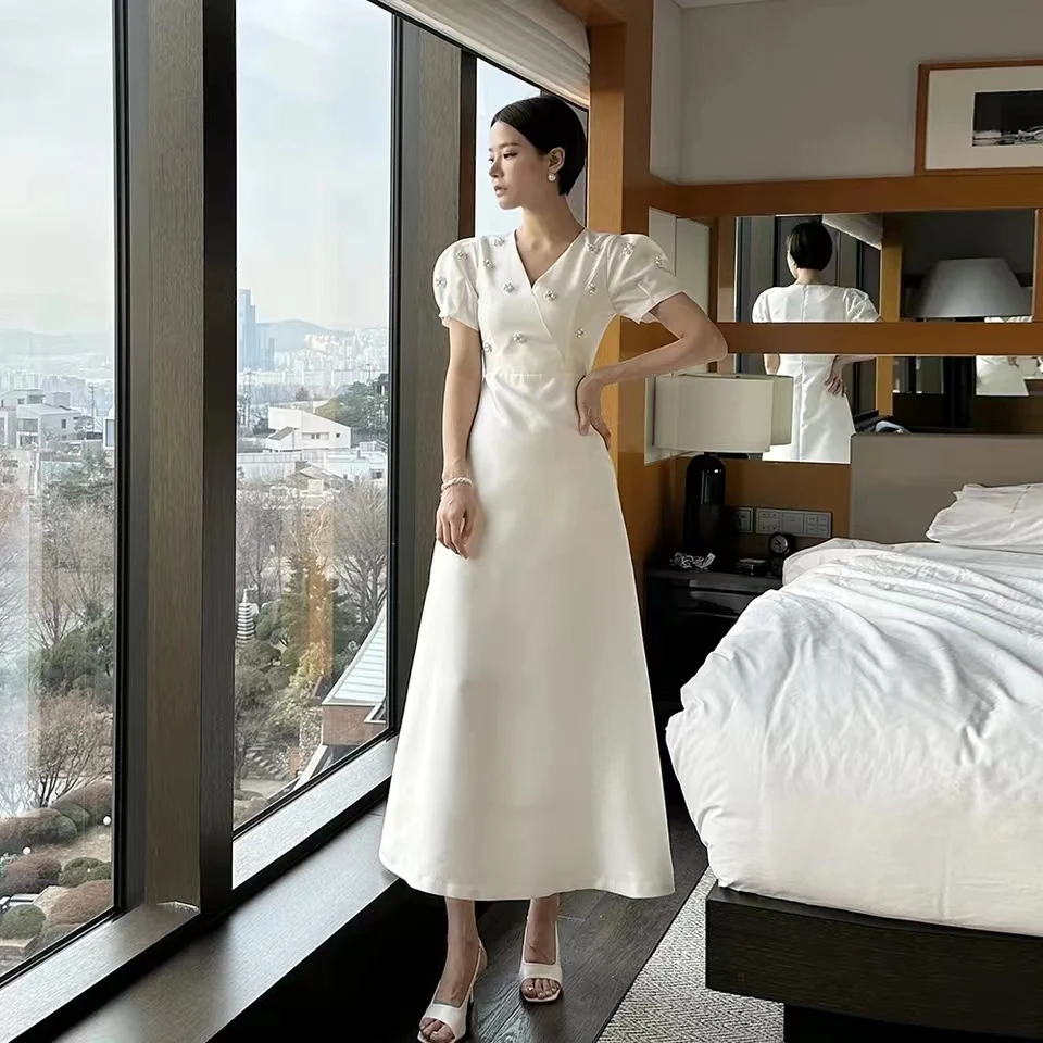 

Женский Длинный Сарафан средней длины, модельное дизайнерское ТРАПЕЦИЕВИДНОЕ ПЛАТЬЕ во французском стиле с V-образным вырезом и узкой талией, Элегантное Длинное Платье с жемчугом, лето 2023