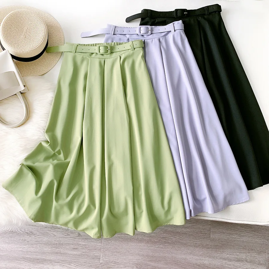 Women Solid Office Ladies Midi Skirt with Belt Summer Elegant Chic A-line Skirt Casual Slim Simple Long Skirt Suit Pleated Skirt