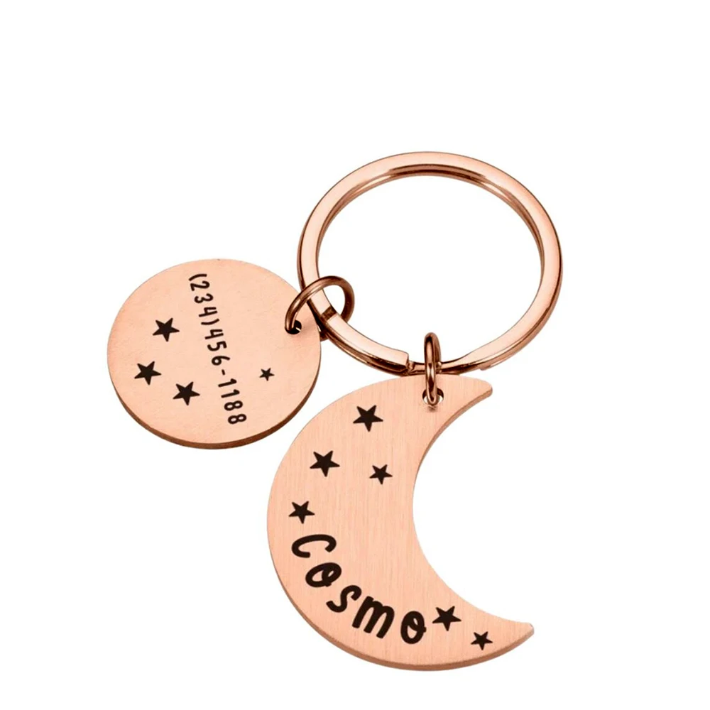 

Луна и звезды, бирка с именем на заказ, выгравированный номер телефона на заказ, именной брелок, металлический брелок из нержавеющей стали, специальный подарок