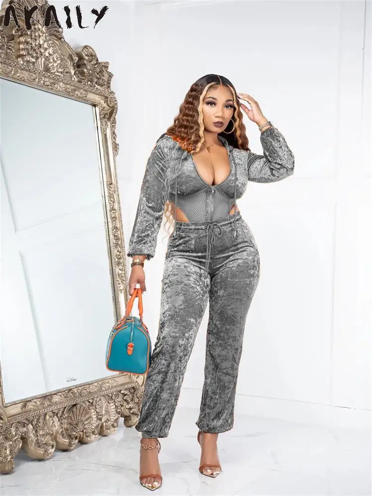 

Akaily Fall Gray Mesh Patchwork 2 Two Piece Sets Womens Casual Outfits 2022 Long Sleeve Zip Up Hoodies And Sweat Pants Sets