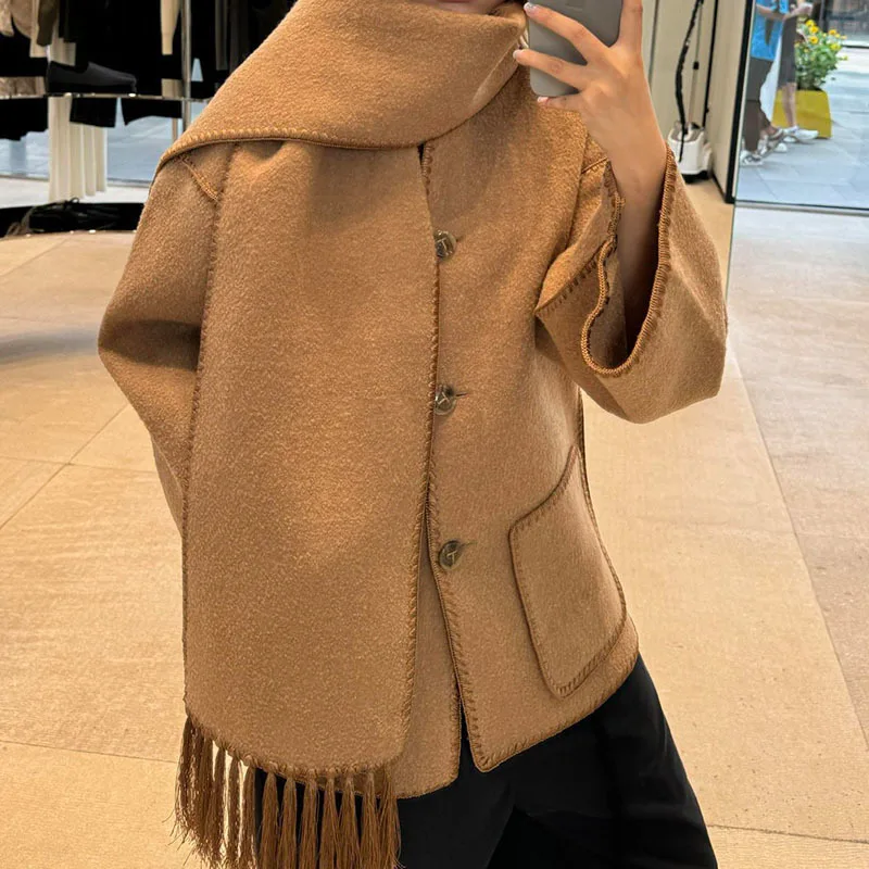 Подиумное женское новое коричневое шерстяное пальто с шарфом и воротником