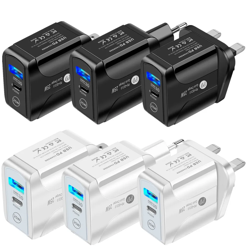 

100pcs 25W PD+QC3.0 USB C TYPE C Charger Fast Charging Power Adapter EU UK US Plug for Samsung Iphone htc