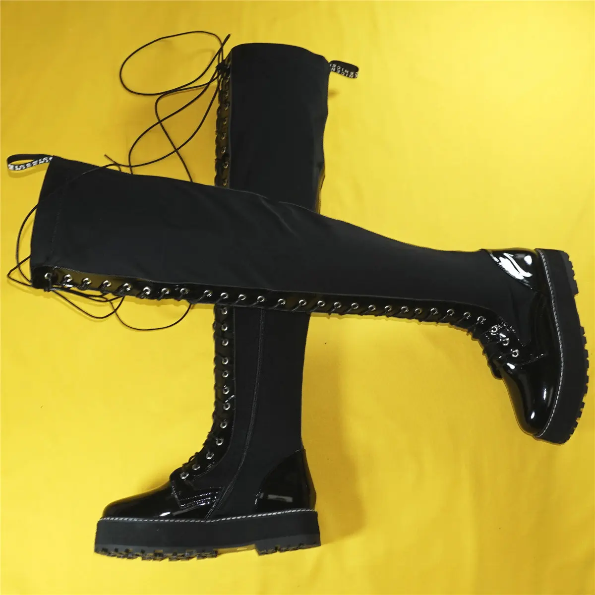Thigh High Fashion Sneakers Women Lace Up Patent Leather Over The Knee Boots Female Stretch Fabric Platform Pumps Casual Shoes