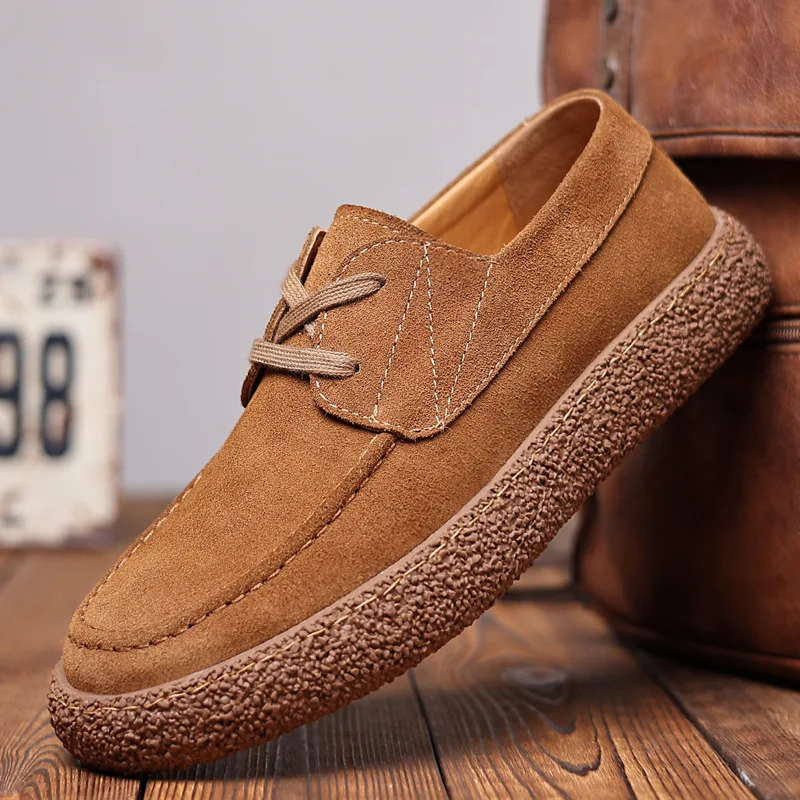 

England style men's casual cow suede leather shoes lace-up flats shoe brown grey breathable sneakers platform footwear zapatos