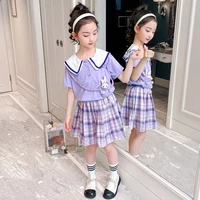 2022 summer teens girls jk uniform suits kids sailor collar bunny t shirt plaid pleated skirts casual outfits 7 9 12 10 years