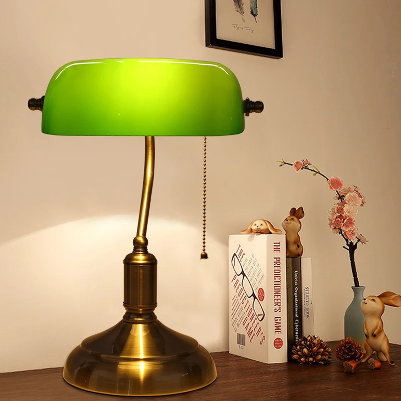 Retro Industrial Classical E27 Banker Table Lamp Green Glass Lampshade Cover With Pull Switch Desk Lights for Bedroom Study