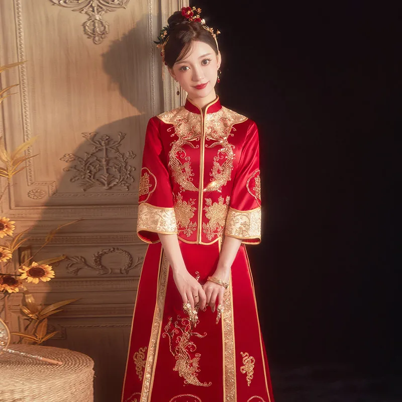 New 2023 Bride Sequins Beading Wedding Dress Chinese Style Vintage Toast Clothing