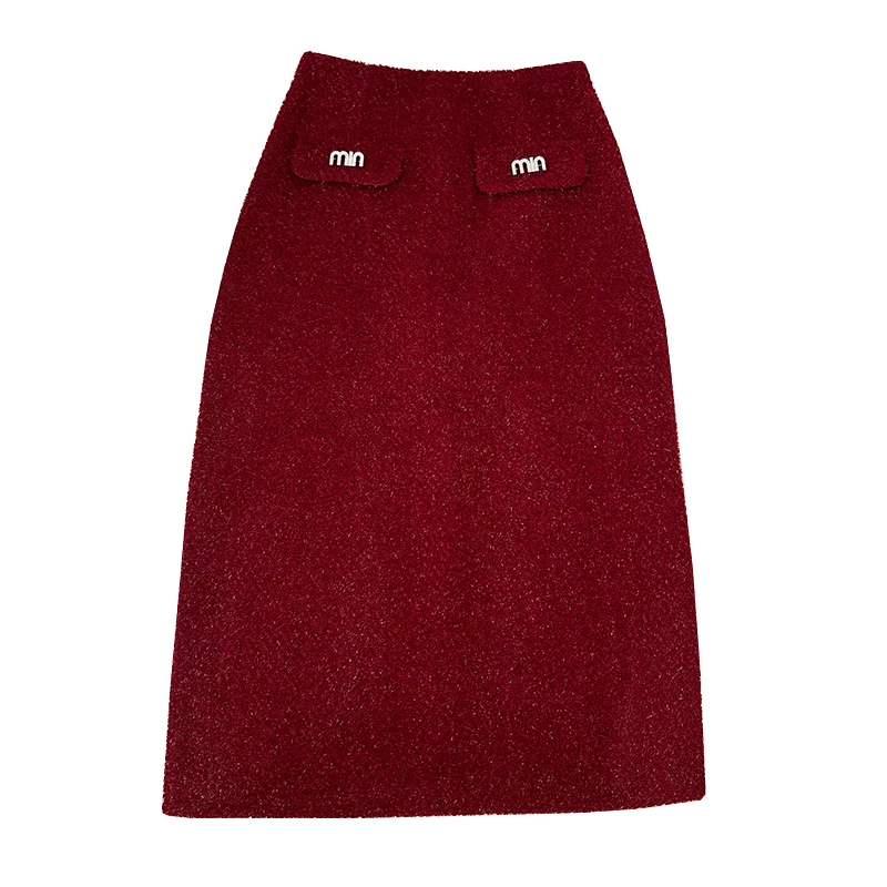 Красная полуюбка 2024 женская осенне-зимняя яркая шелковая утолщенная юбка