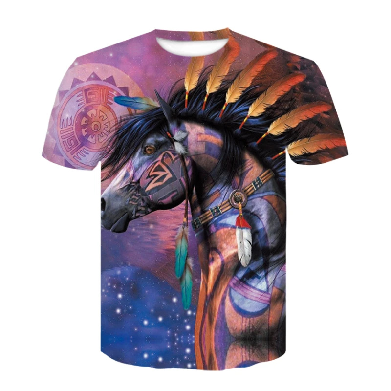 

Men's and women's horse head printed black T animal printed short sleeved T-shirt, new fashion and latest men's clothing in