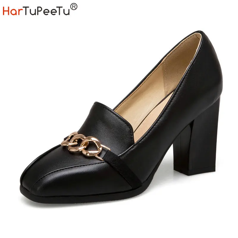 

Classic Pumps Autumn Women Black White 8.5cm High Heels Chunky Metal Decorate PU Leather Slip on Shoes Large Size 34-48