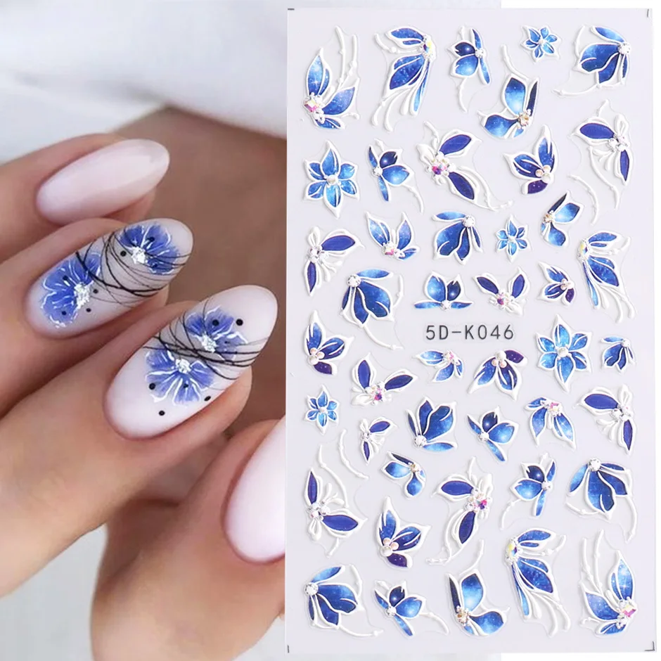 

5D Blue Purple Lace Flowers Nails Embossed Decals Gradient Floral Textured Adhesive Stickers Manicure Engraved Sliders LY5D-K046