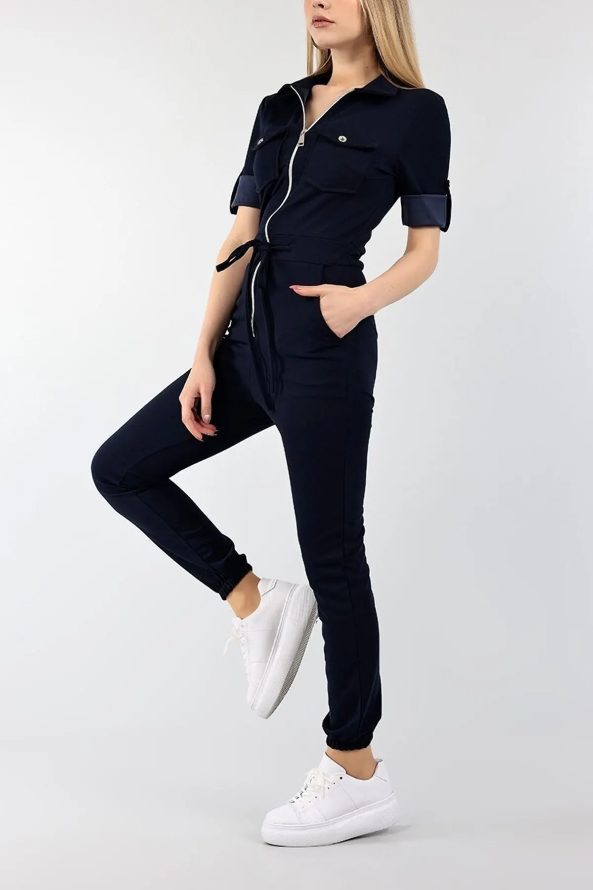 

Women's Overalls Navy Blue Zippered Sleeve Tie Crepe Jumpsuit Hot Casual Fashion Sleeveless Baggy Trousers