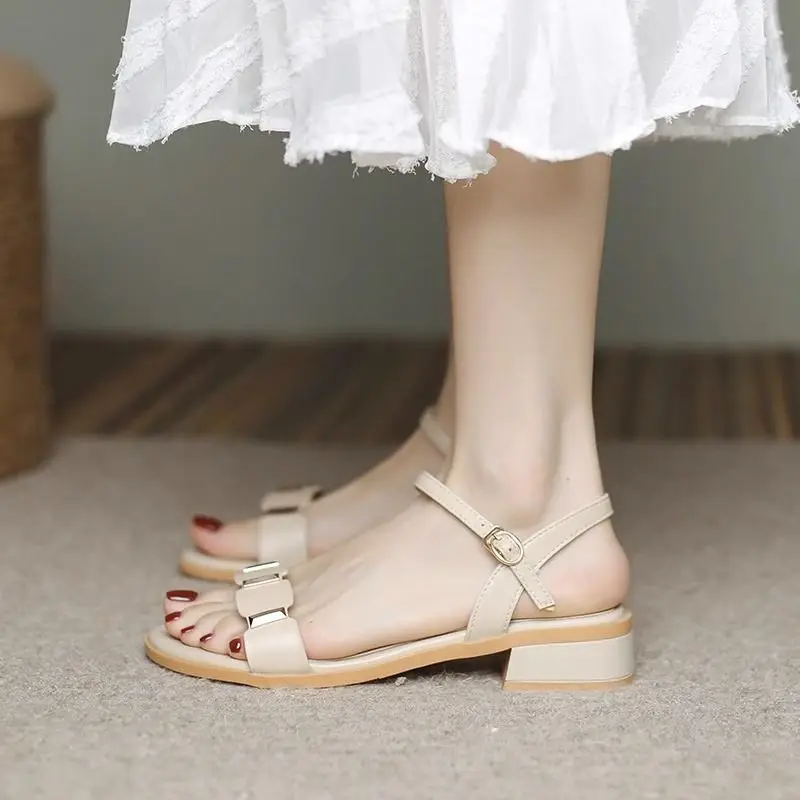 Summer 2023 New Sandals Flat bottoms Versatile thick heels Breathable fashion temperament One word Caligae Simple women's shoes