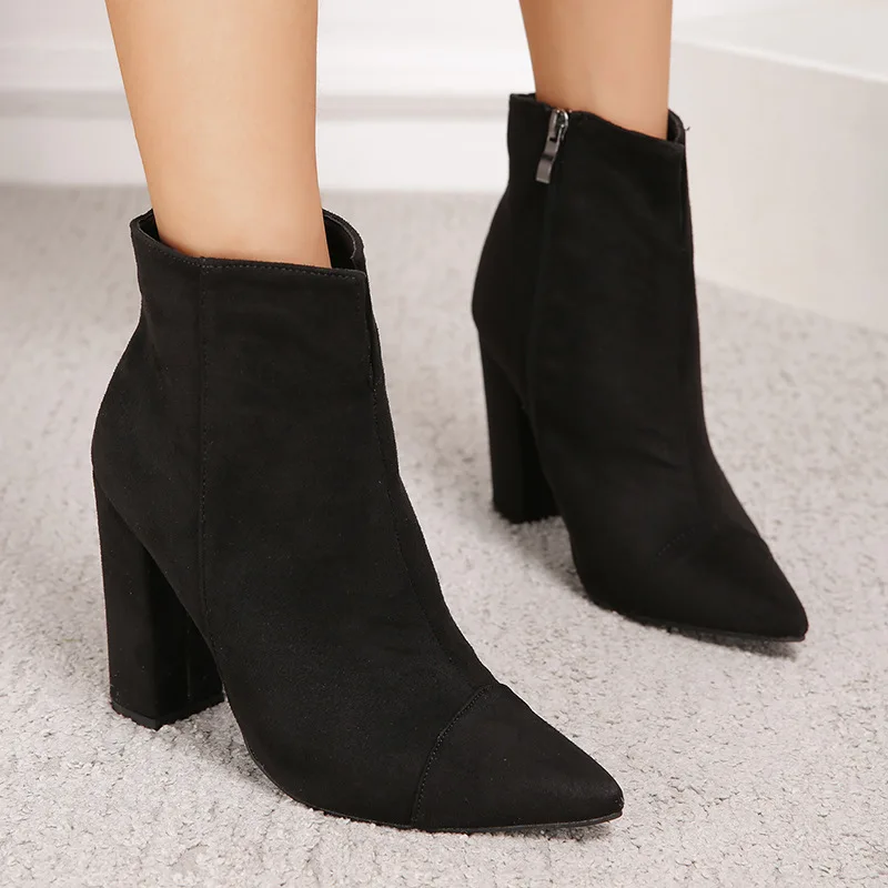 Autumn Winter Woman Boots Pointed Toe High Heel Ankle Boots Side Zipper Fashion Black Suede Thick Heel Bottes Female Shoes