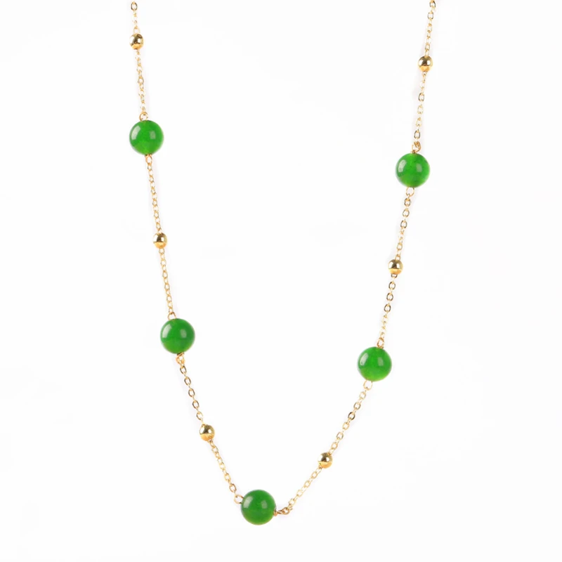 

14K Yellow Gold Injection Jade Bead Station Necklace Luxury Jewelry