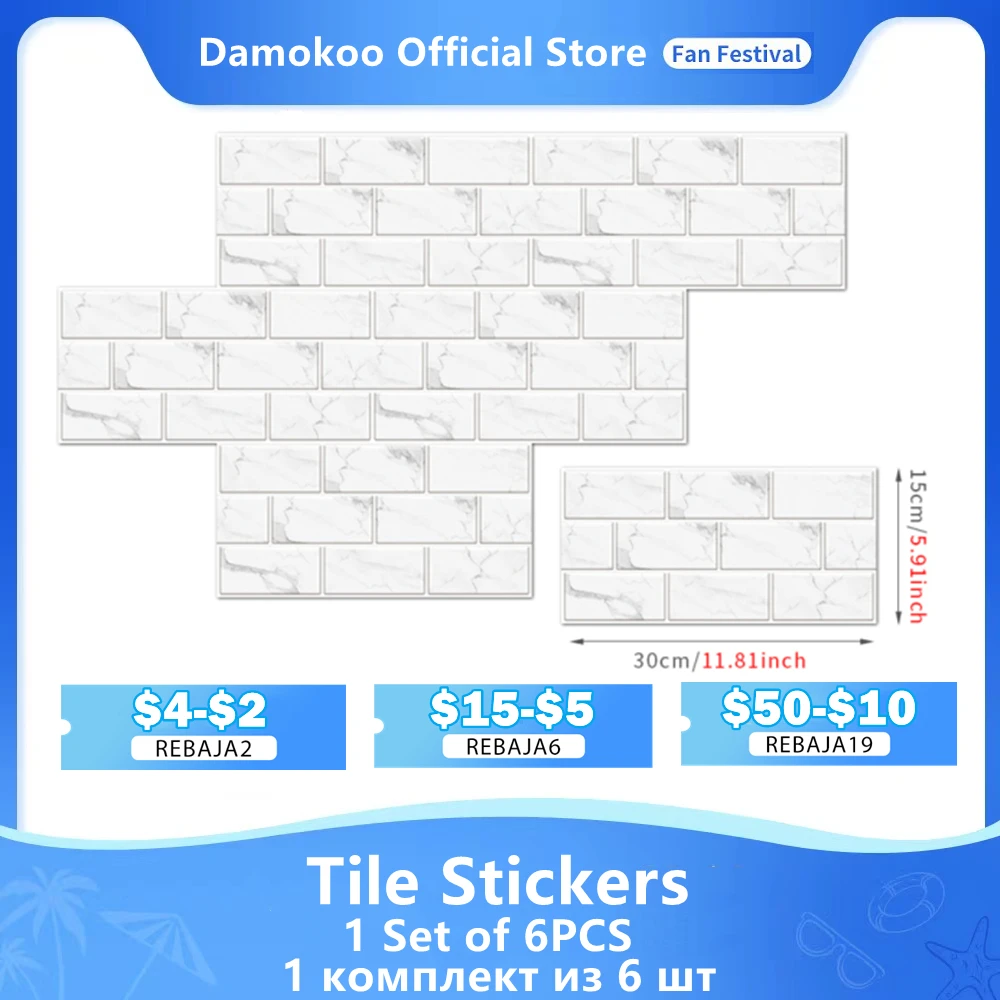 Damokoo 6PCS Wall Tile Sticker Tile Stickers Peel and Stick Tiles Decals Self-Adhesive Vinyl Home Decoration Kitchen Bathroom