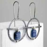 classic retro square blue stone hook earrings ancient silver metal round hollow dangle earrings for women gift