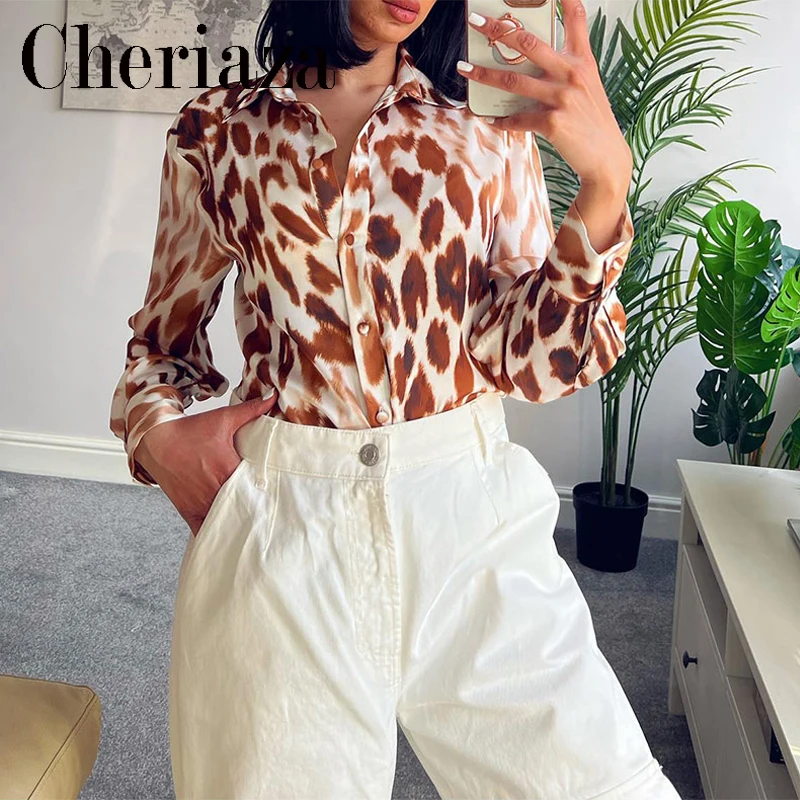 

2022Spring Women's New Animal Printing Shirt Leisure Single-breasted Long Sleeves Leopard Pattern Chic Office Lady Blouse Tops