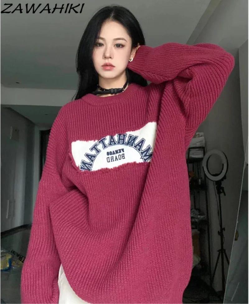 

Spring Autumn Hole Irregular Chic Designed Patchwork Oneck Knitted Pullover Casual Loose Korean Long Sleeve Letter Print Sweater