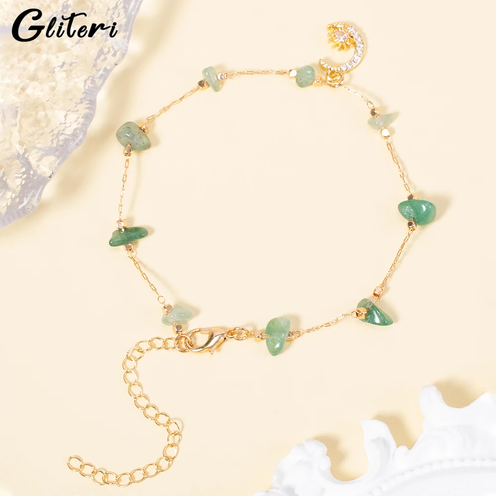 

GEITERI Trendy Natural Crushed Stones Anklets For Women Girls Green Crystal Sun Moon Pendant Foot Chain Jewelry Birthday Gifts