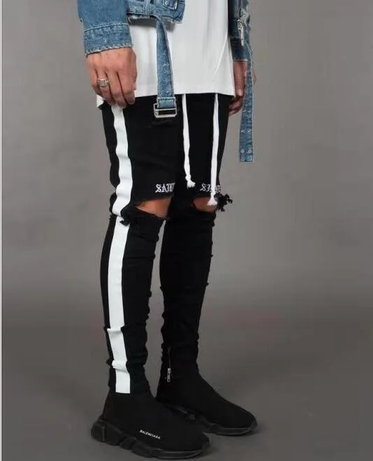 

New Fashion Mens Jean Street Black Holes White Stripes Jeans Hiphop Skateboard Pencil Pants