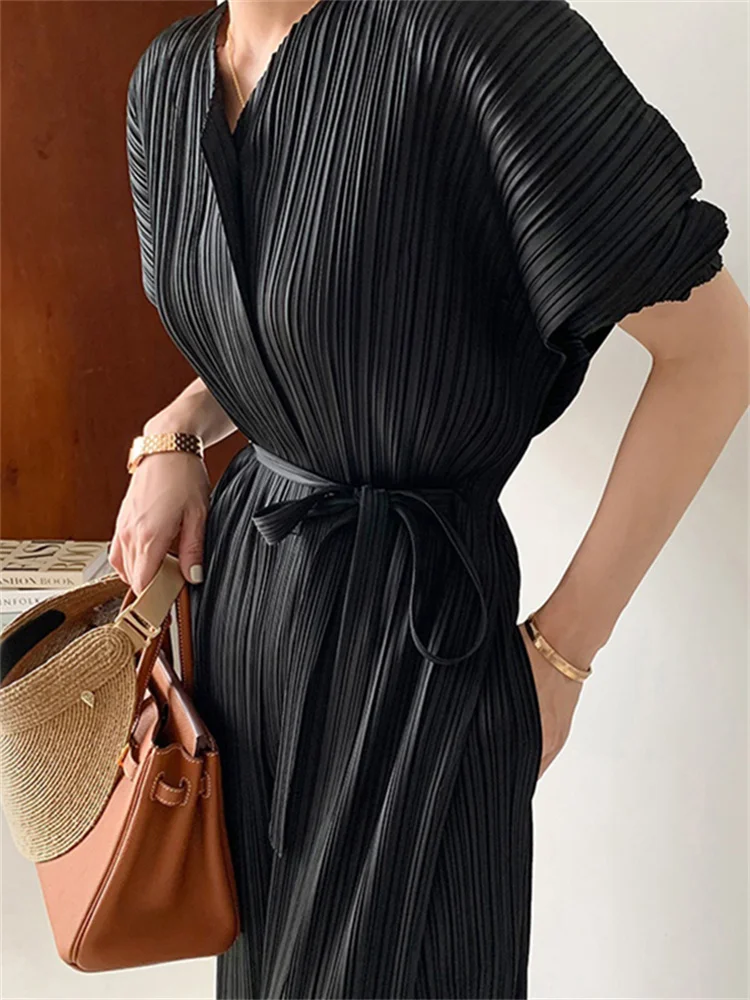 

Korean Chic Jumpsuit Women Temperament Elegant V-neck Cross Fold Design Sense Tie Waist 2022 Summer Casual Female Clothing