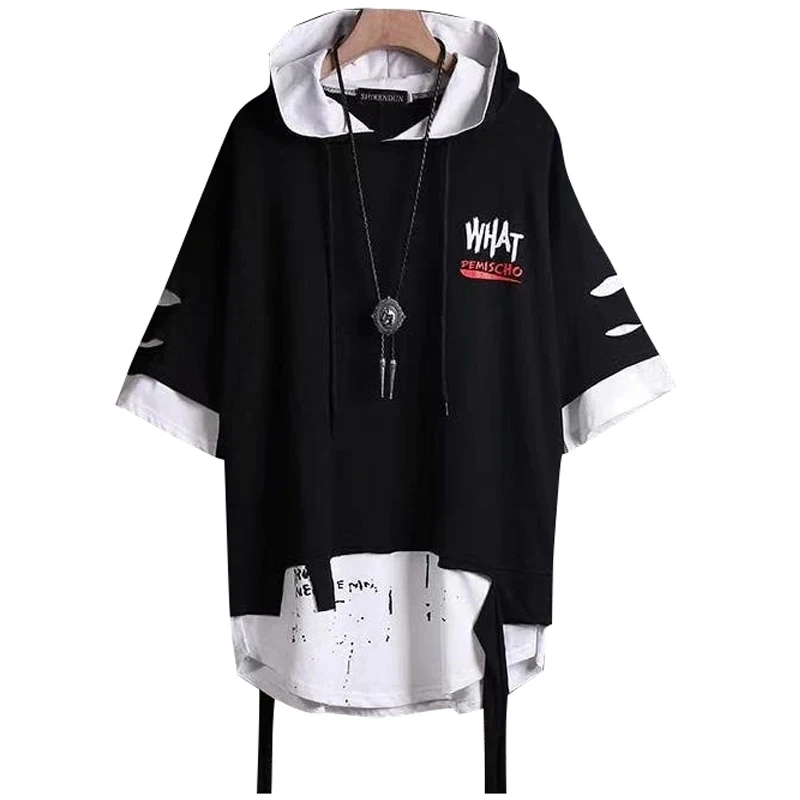 

Summer Hooded T Shirt Hip Hop Short Sleeve Men's Fake Two-Piece Street Bf Loose Half Sleeve T-Shirts 2021 Cotton Casual Top Tees