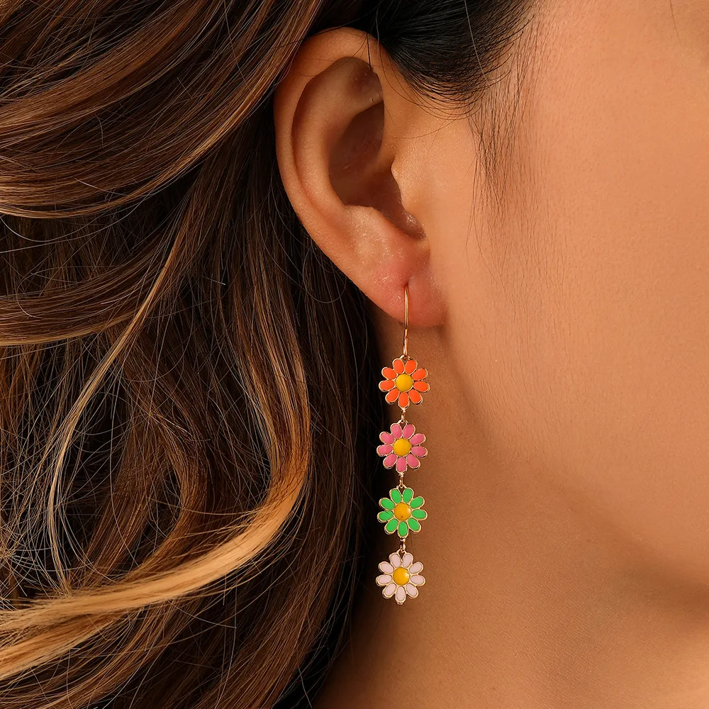 

Korean New Colorful Daisy Flower Earrings For Women Fashion Long Tassel Sunflower Hanging Dangle Earrings Wedding Party Jewelry