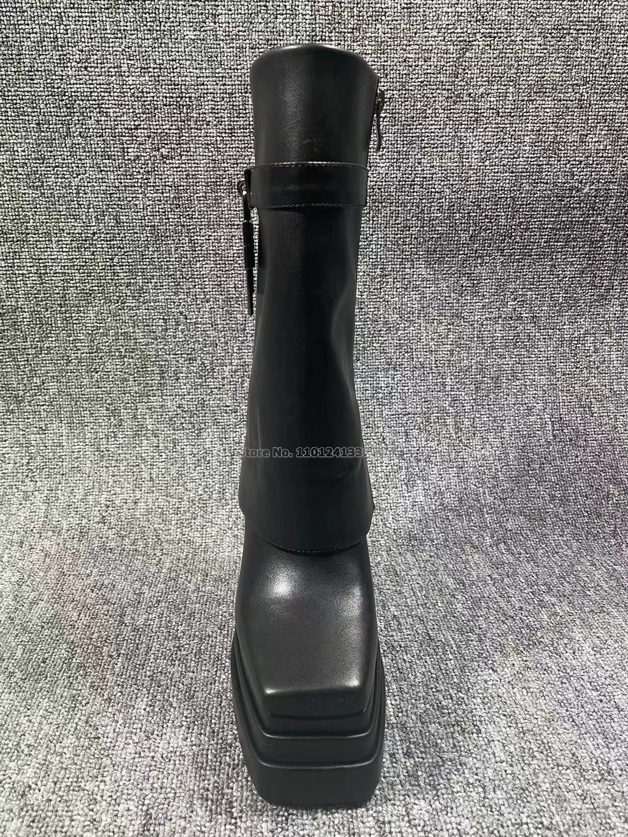 Woman Black Leather Thick Platform Mid-calf  Boots Women Winter Concise New Botas Chunky High Heel Female