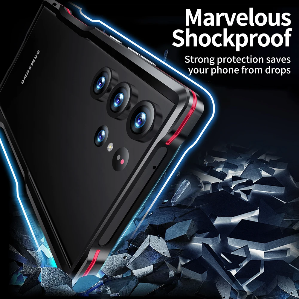 LUPHIE Luxury Metal Frame For Samsung Galaxy S23 Ultra S22 S21U Case Aviation Alloy Aluminium Protect Cover Skin With Back Film