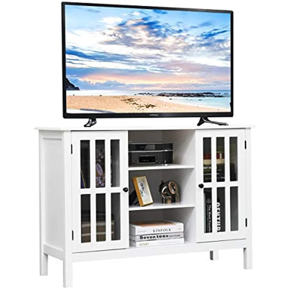 

TV Stand, Tall Entertainment Center for TVs up to 50 Inch, Media Console w/ 2 Storage Cabinets & 3 Open Shelves, Wire Hole,