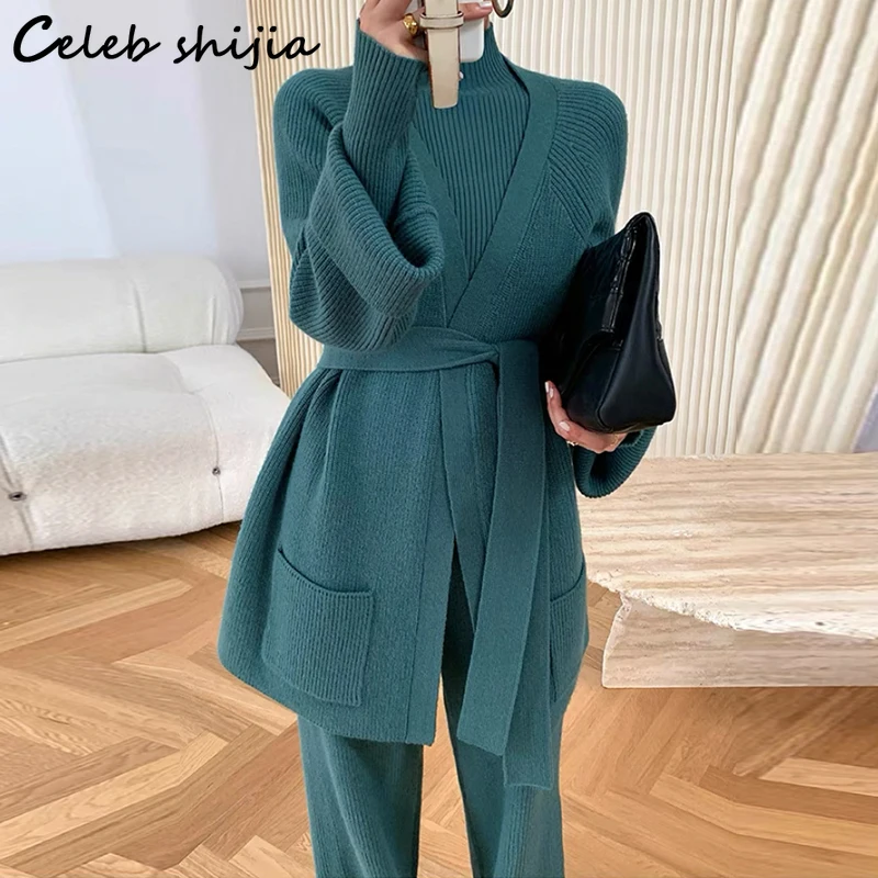 

Женский шерстяной костюм из 3 предметов, подиумный синий утепленный вязаный кардиган + свитер + брюки с высокой талией, Корейская трикотажна...