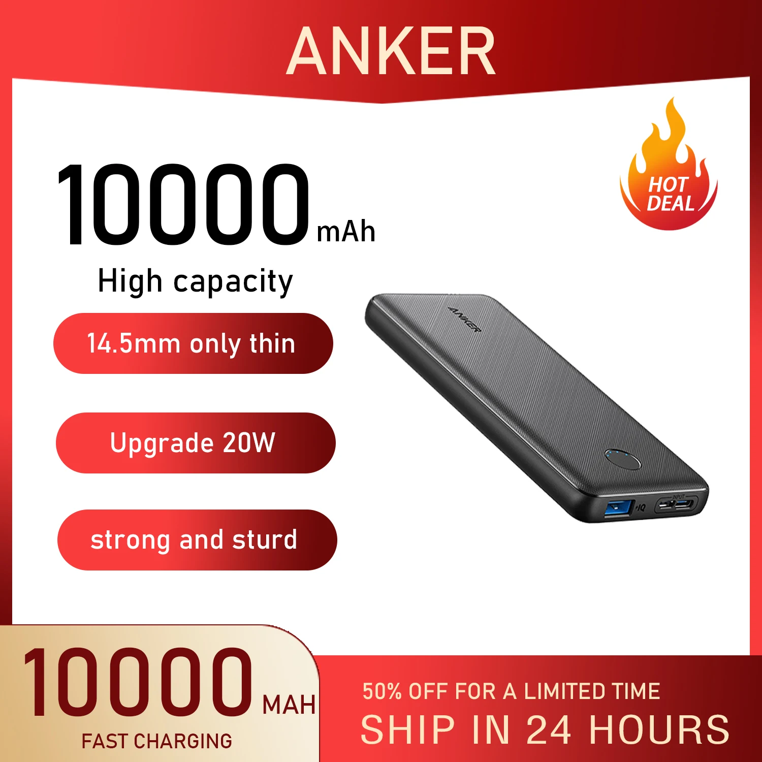 

Anker 10000mAh Portable Power Bank Fast Charge Charge with High Speed PowerIQ Charging Technology and USB-C for iPhone, Samsung