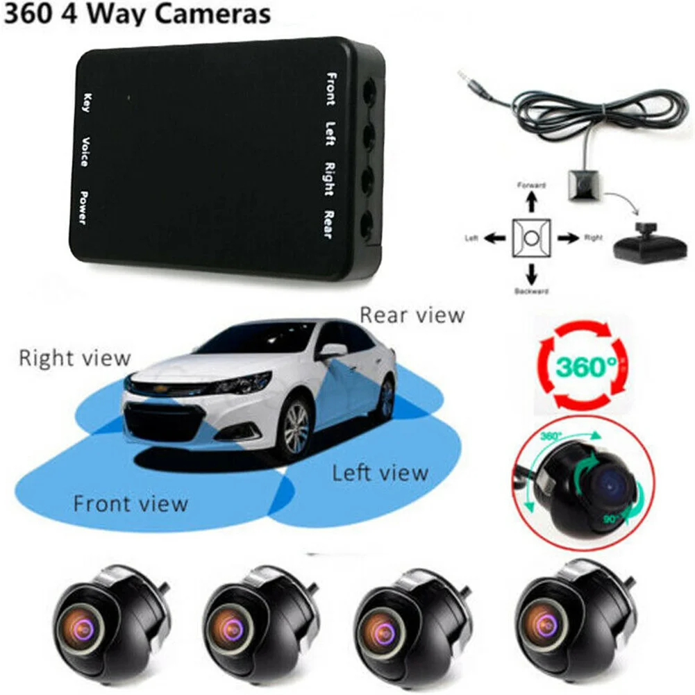 

4pcs 360-Degree Panoramic View Rearview 4-Way Cameras + 1x Host + 4x Camera Extension Cord Universal Parking Assistance Parts