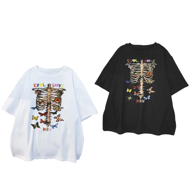 

E9LC Womens Gothic Punk Short Sleeve Oversized T-Shirt Harajuku Skeleton Breastbone Colorful Butterfly Graphic Pullover Tops