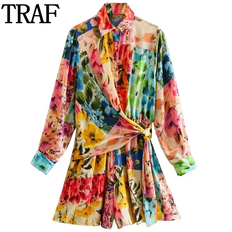 

TRAF Print Female Short Jumpsuit Long Sleeve Wrap Floral Jumpsuit Women Patchwork Knotted Jumpsuits Woman 2023 Summer Romper
