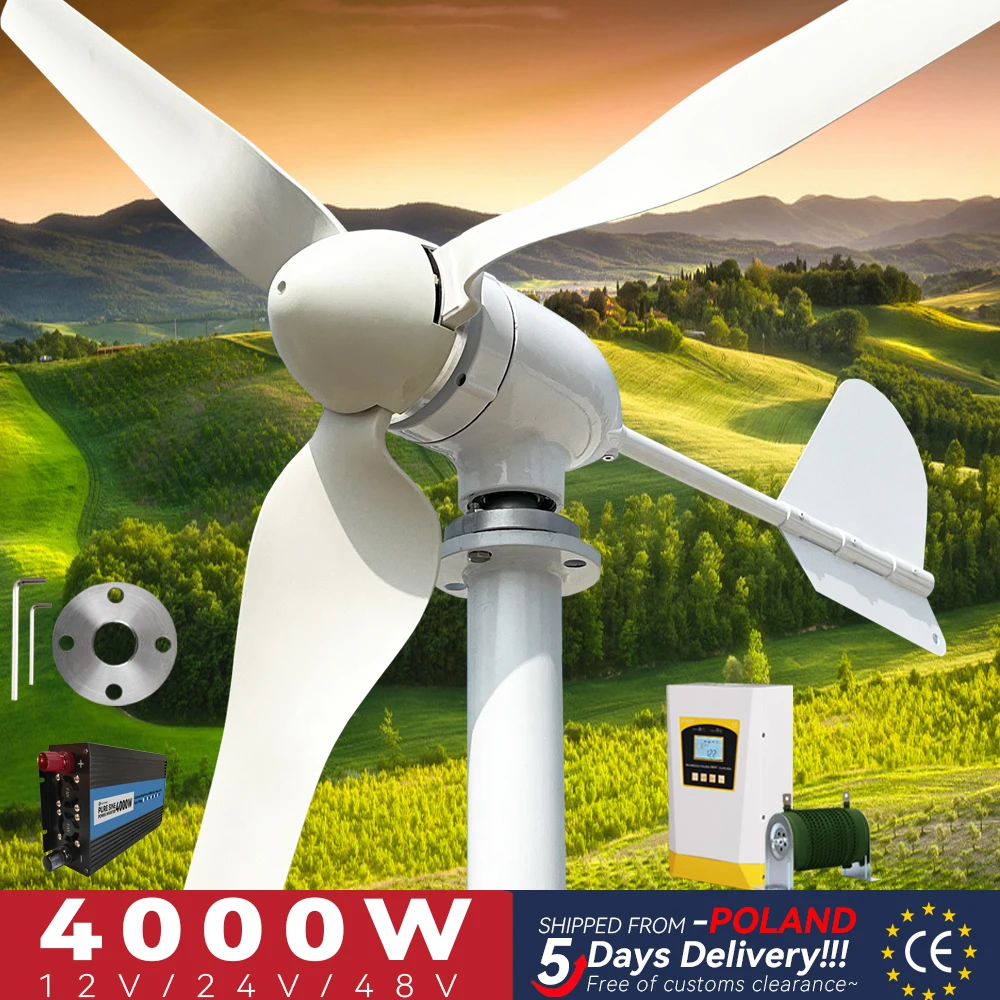 EU Duty Free 4000W ветряной генератор 3 лопасти 6KW 4KW 12V 48V 24V с контроллером зарядного