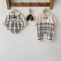 infant baby girl boy bodysuit spring autumn plaid peter pan collar jumpsuit for newborns fashion bow kids clothes girls outfits