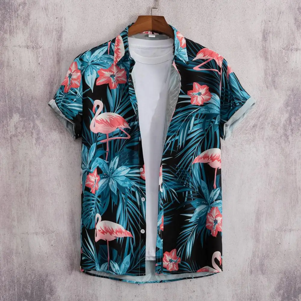 

2023 Hawaiian Shirt Men Fashion Flower Geometric Printed Blouse Single-breasted Beach Short SleeveTops Men's Holiday Clothing