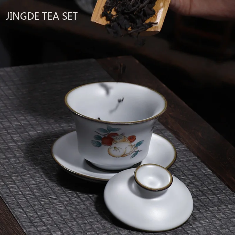 Ru Kiln Ceramic Cover Bowl Customized Sancai Gaiwan Home Bubble Tea Portable with Teacup Set Accessories
